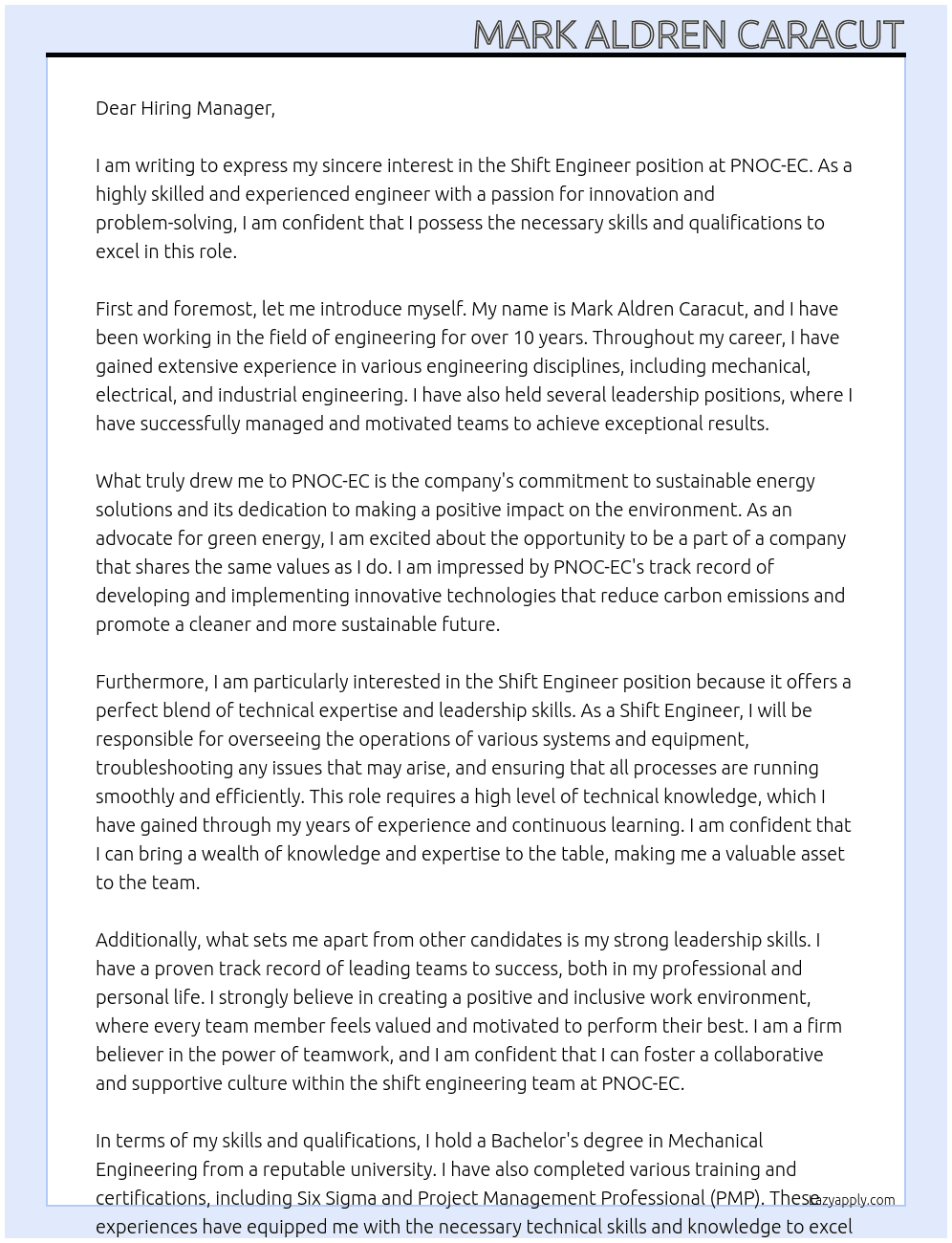 Shift Engineer At PNOC-EC Cover Letter