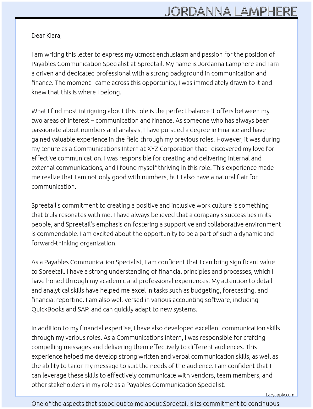 Payables Communication Specialist At Spreetail Cover Letter
