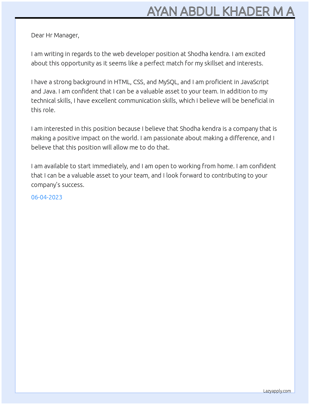 Web developer  At Shodha kendra  Cover Letter