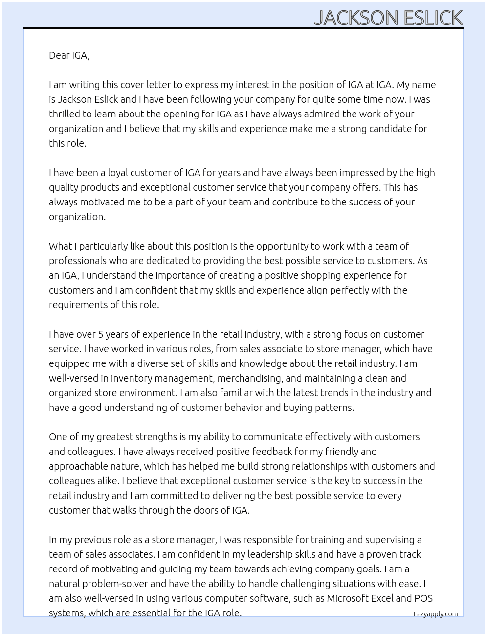 IGA At IGA Cover Letter