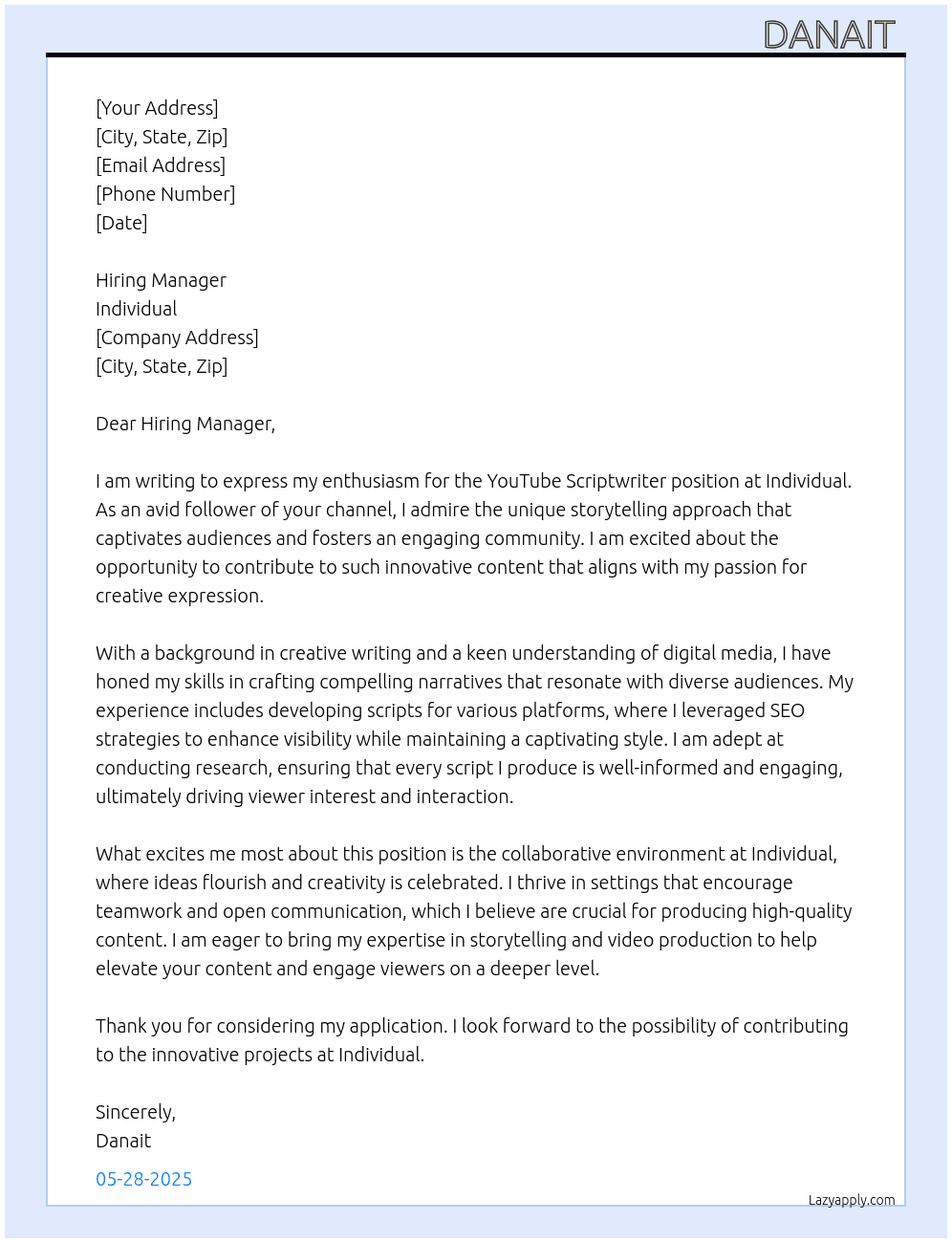 Cover letter for youtube scriptwriter - LazyApply