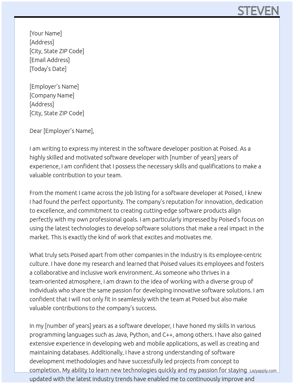 software developer At Poised Cover Letter