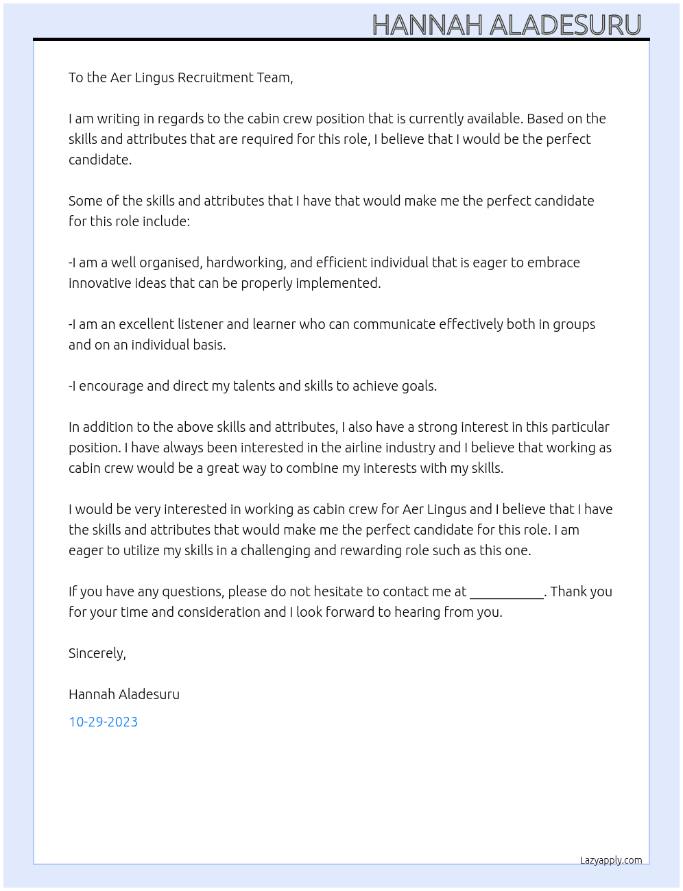 Cabin crew  At Aer lingus Cover Letter