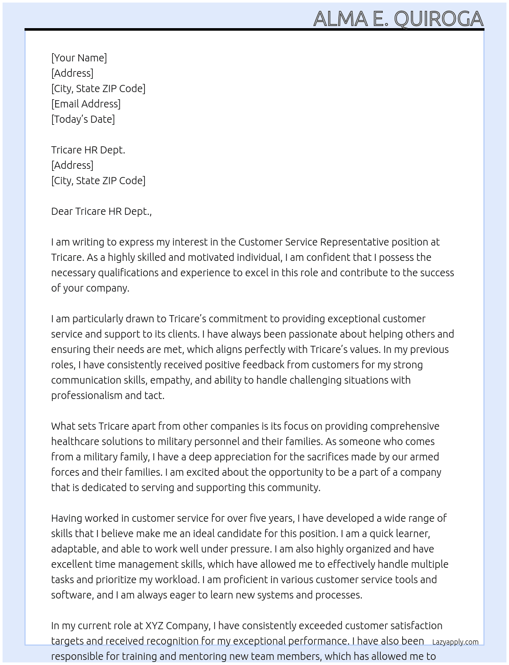 customer service representative At Tricare Cover Letter