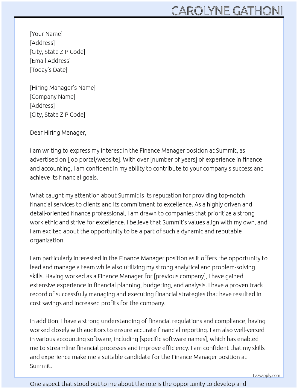 Finance Manager At Summit Cover Letter