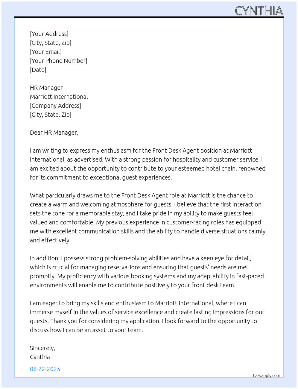 Front Desk Agent At Marriott International Cover Letter