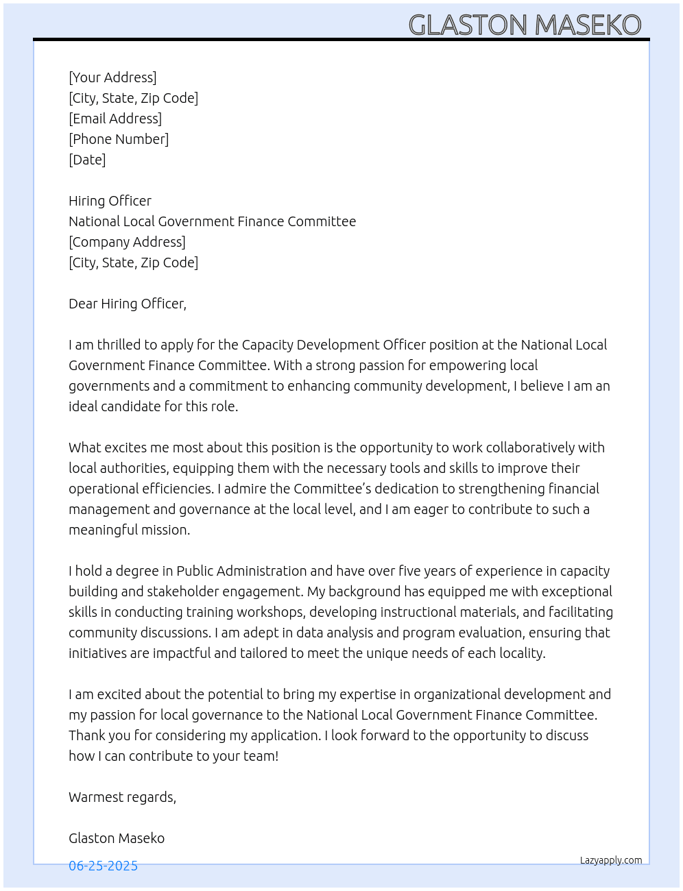 Capacity development officer  At National Local Government Finance Committee  Cover Letter