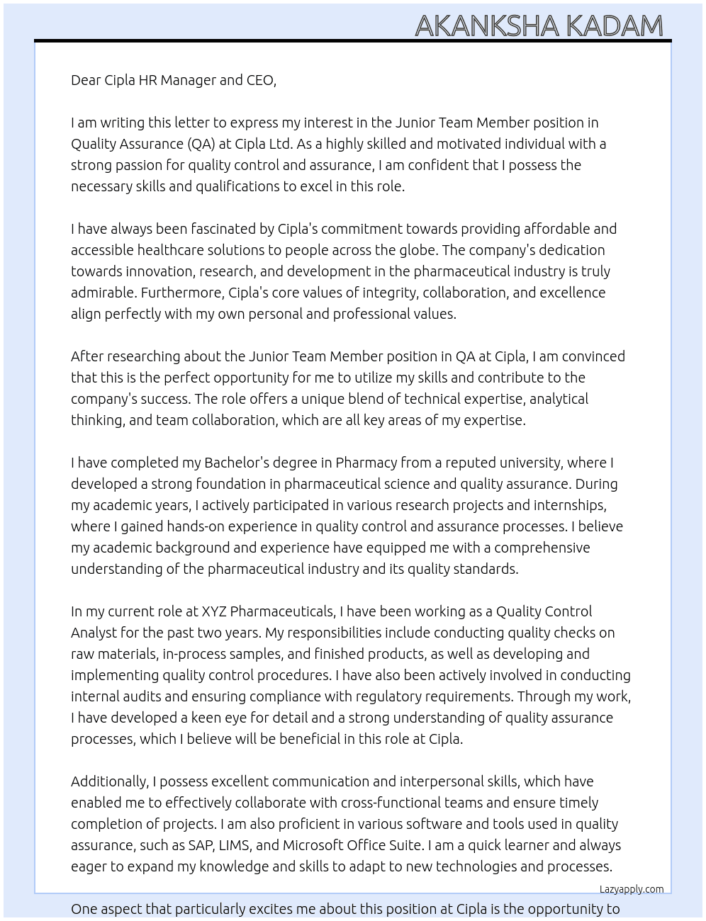 Junior Team Member position in Quality Assurance (QA): At Cipla Ltd. Cover Letter