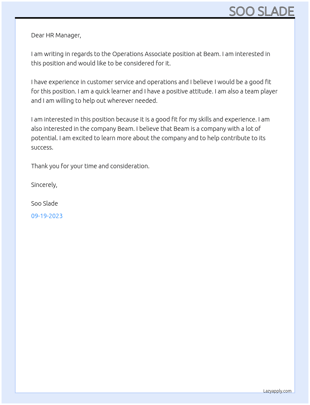 Operations Associate At Beam Cover Letter