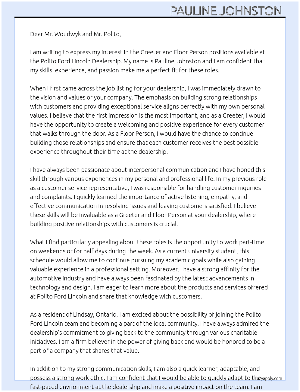 Cover letter for greeter, floor person - LazyApply