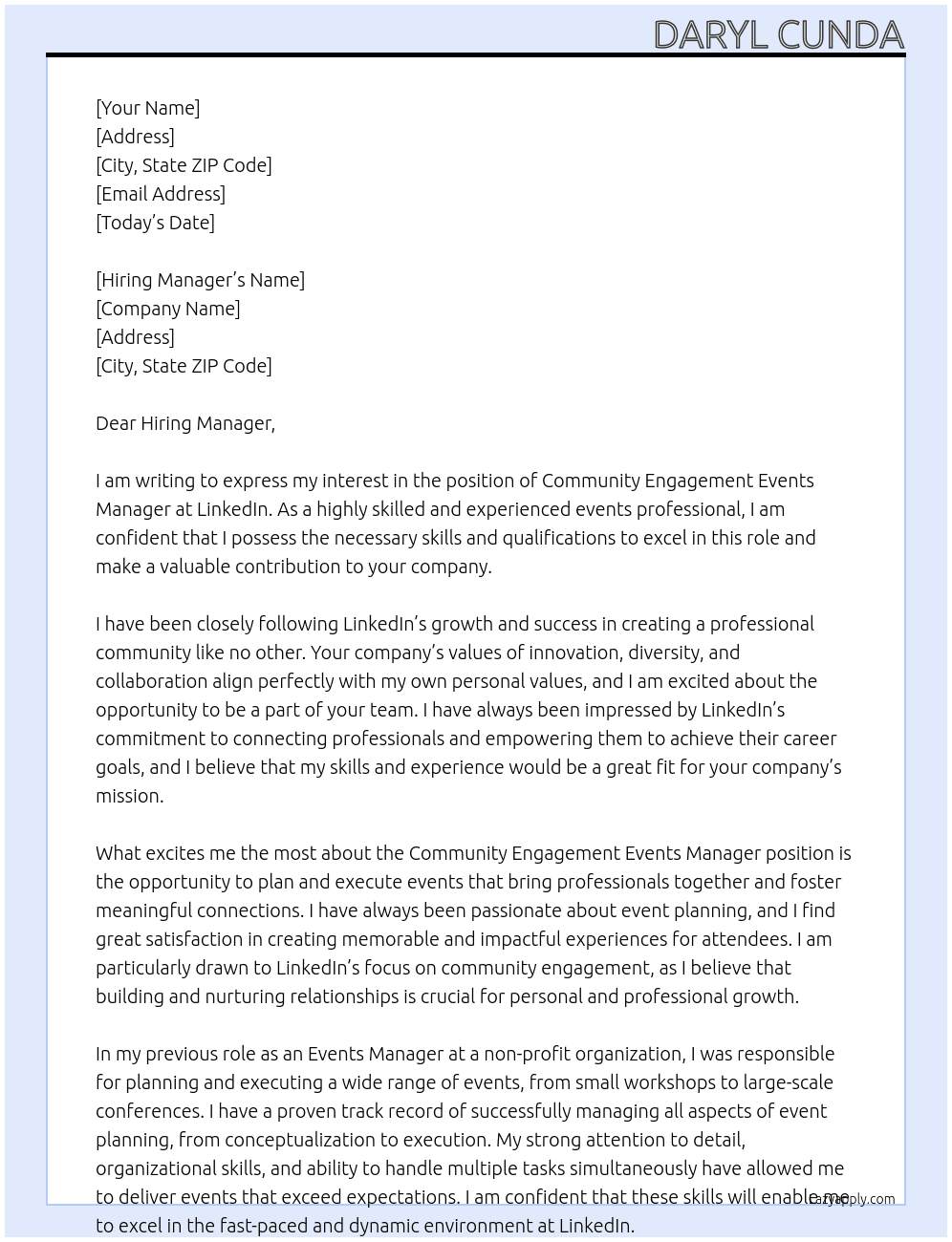 Community Engagement Events Manager At Linked In Cover Letter