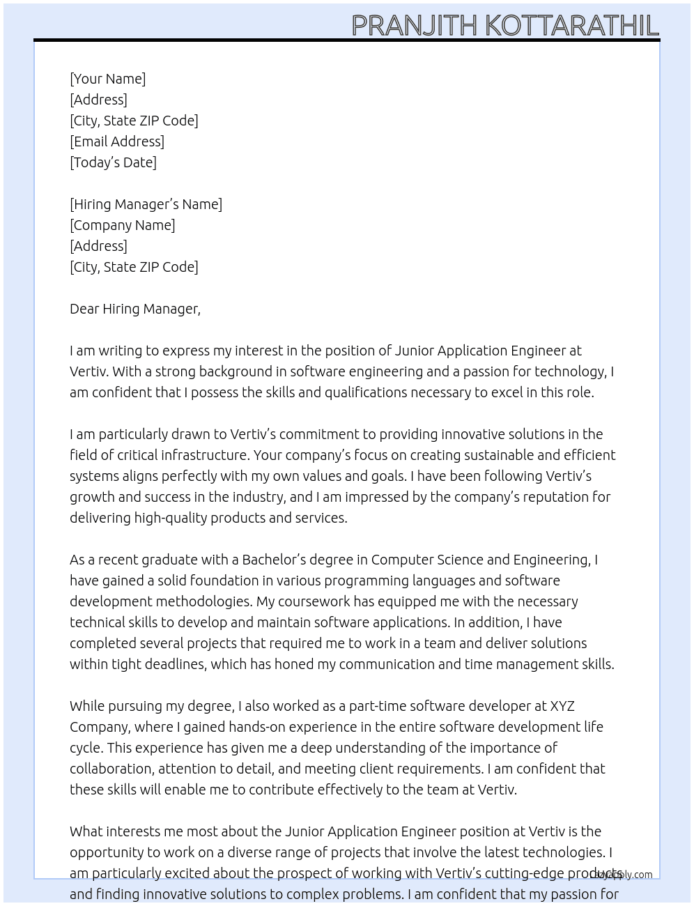 Junior Application Engineer At Vertiv Cover Letter