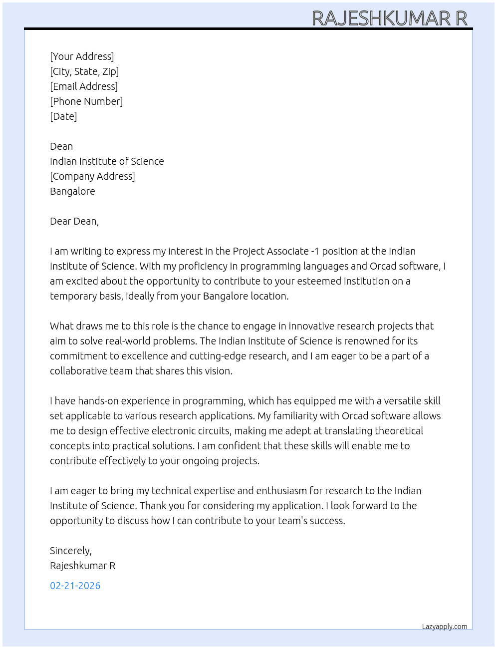 Cover letter for project associate -1 - LazyApply
