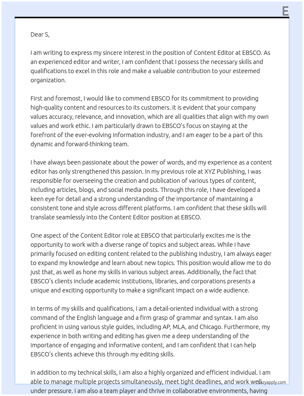 content editor At EBSCO Cover Letter