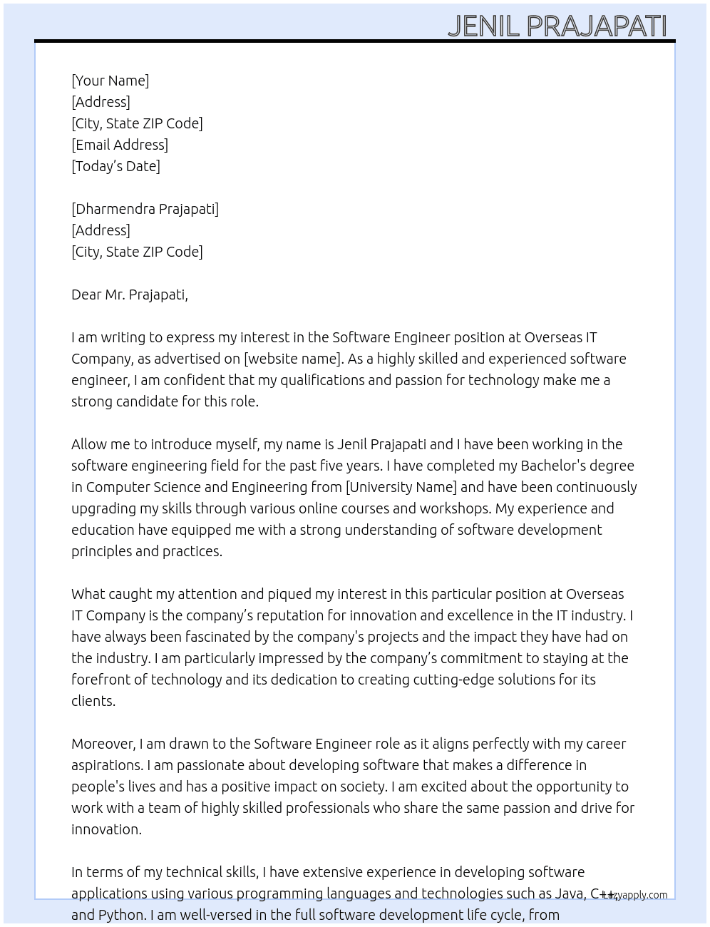 Software engineer  At Overseas IT company  Cover Letter
