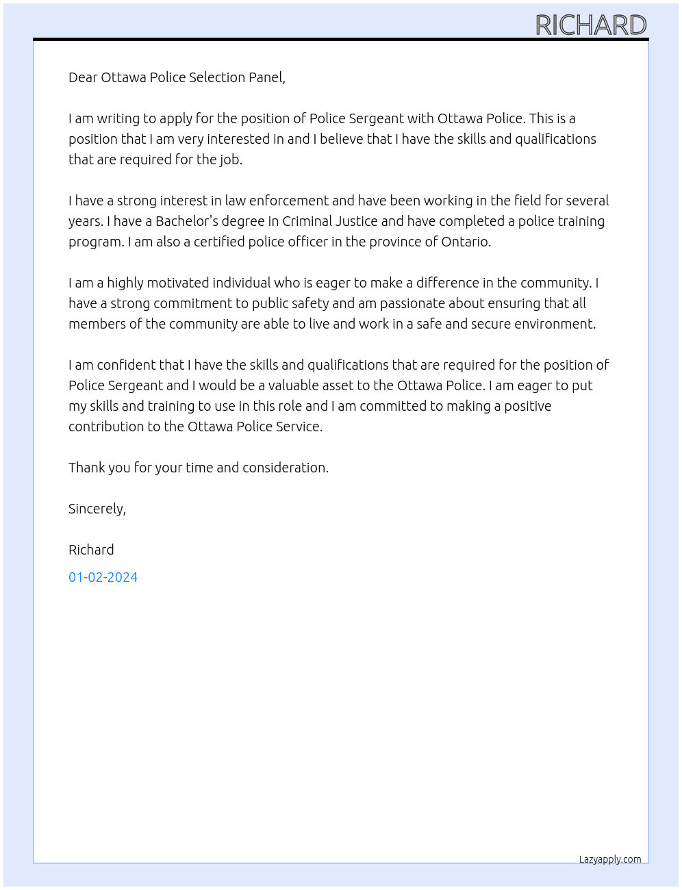 Police Sergeant At Ottawa Police Cover Letter