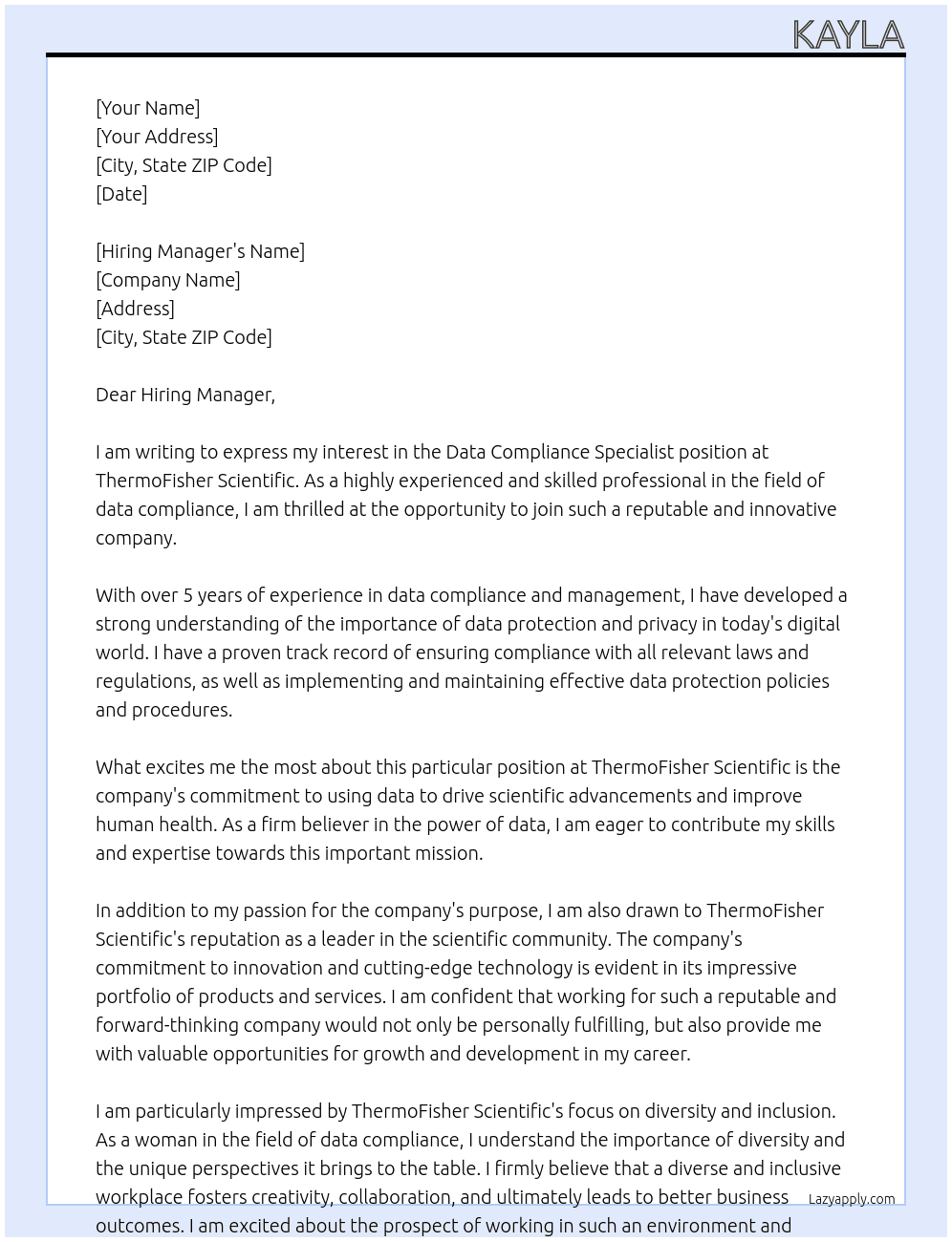 Data Compliance Specialist At ThermoFisher Scientific Cover Letter