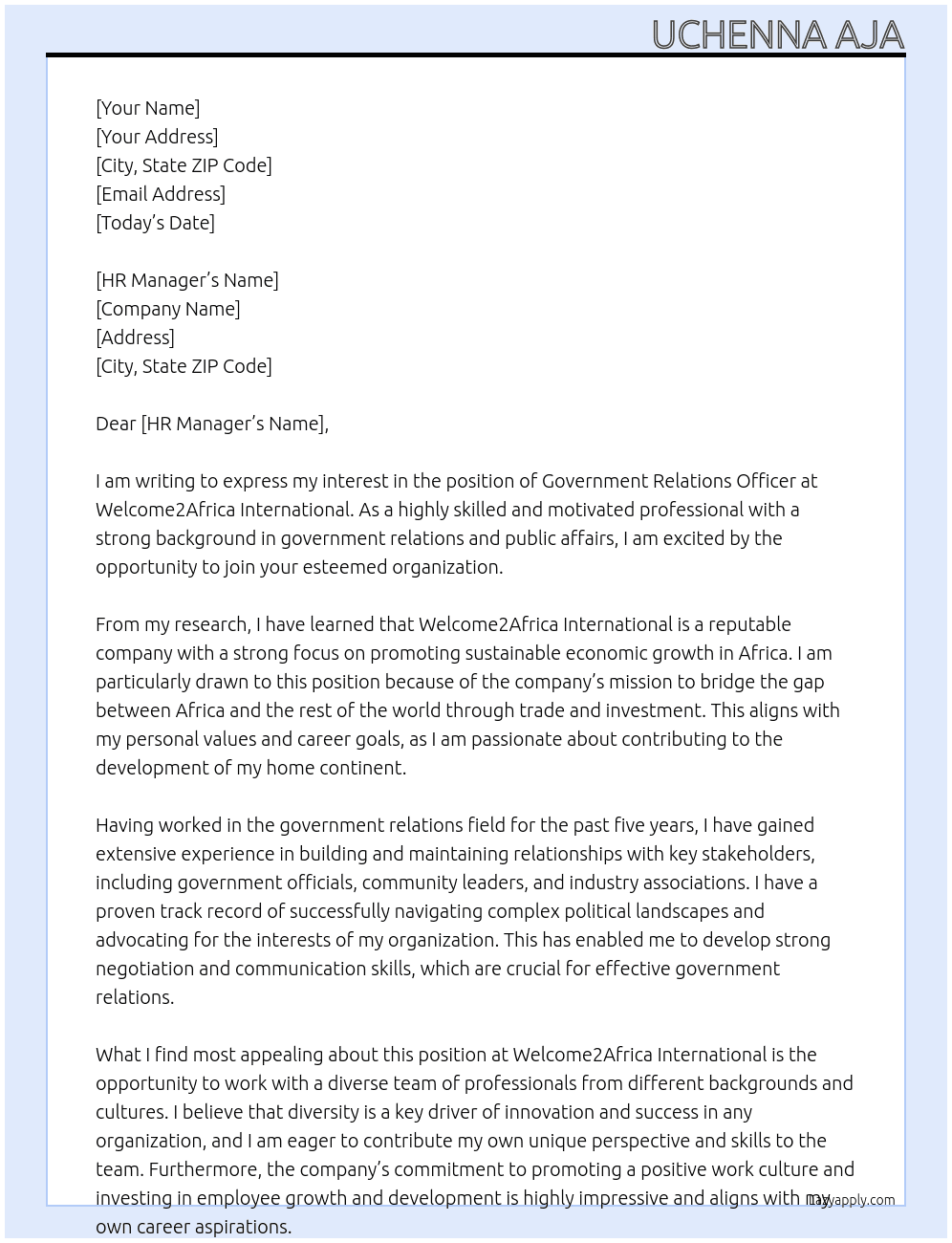 Government Relations Officer At Welcome2Africa International Cover Letter