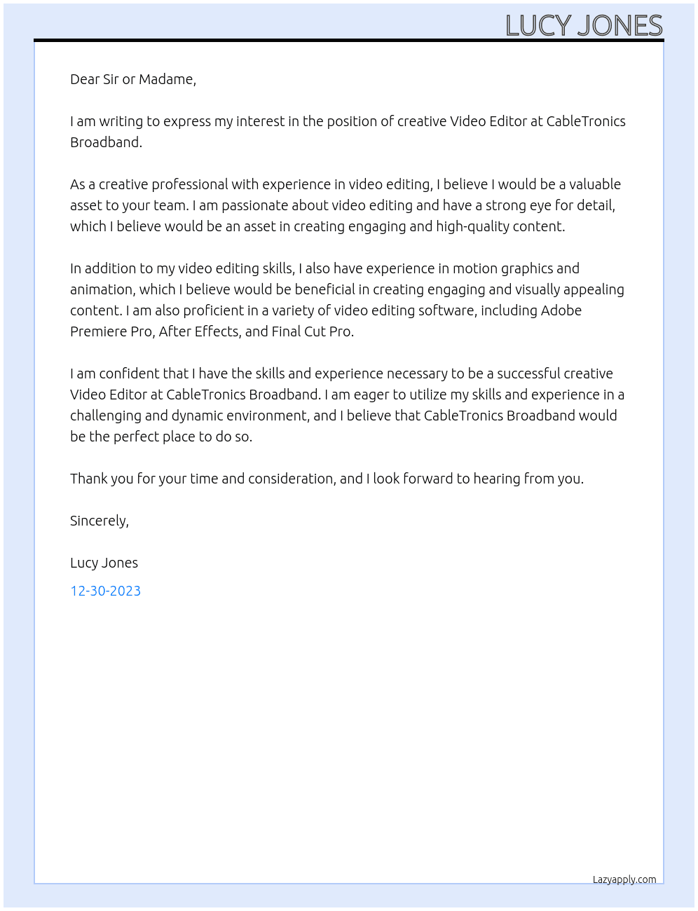 creative Video Editor At CableTronics Broadband Cover Letter
