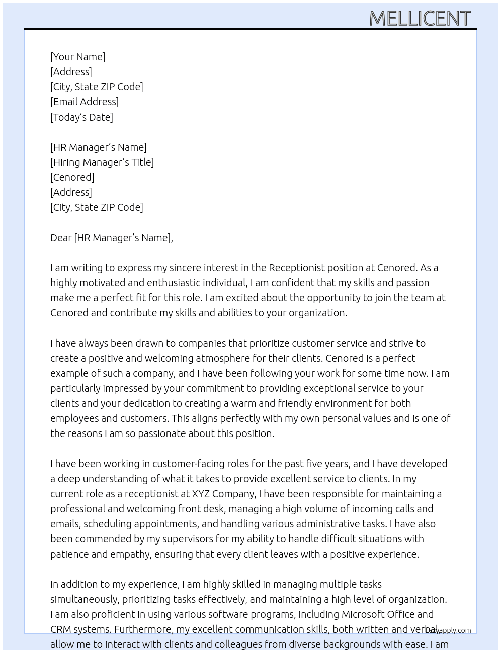 Reception  At Cenored  Cover Letter