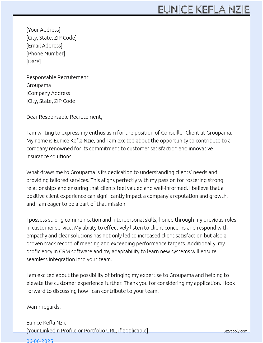 Conseiller client At Groupama  Cover Letter