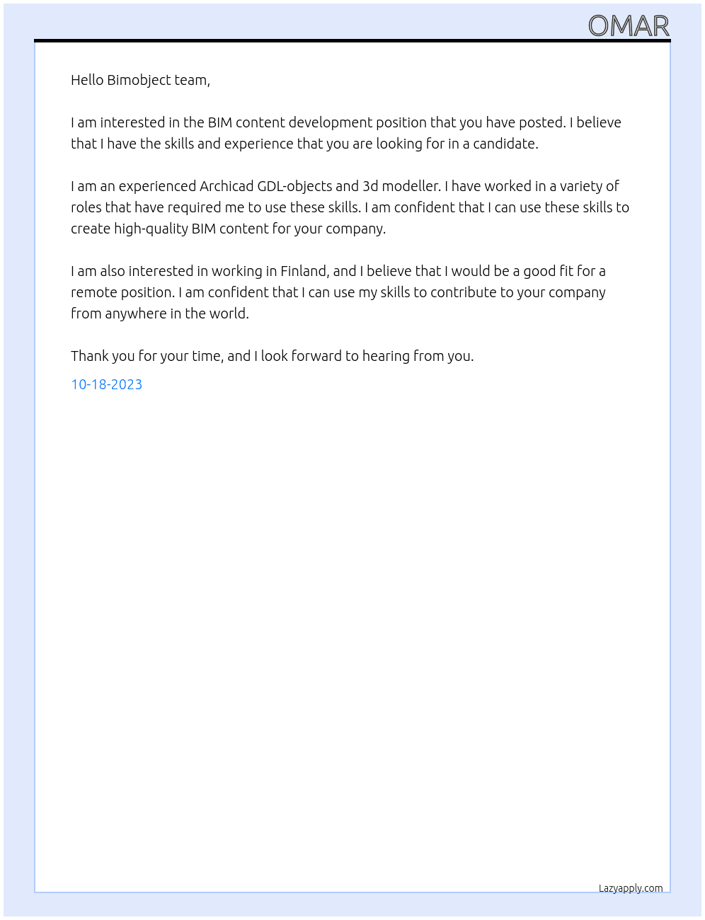 BIM content development At bimobject Cover Letter