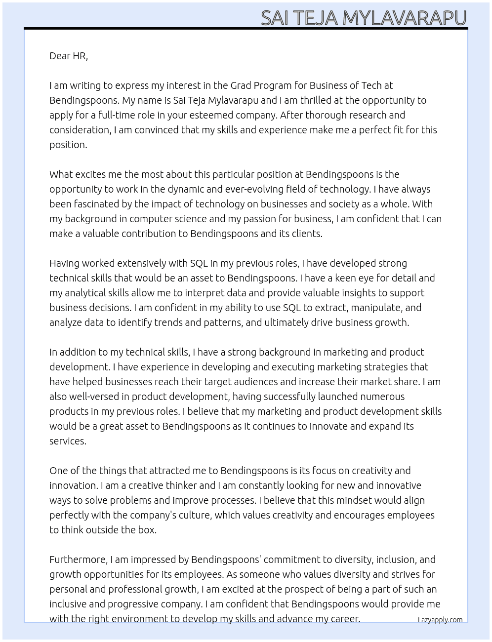 Grad program ,business of tech At Bendingspoons  Cover Letter