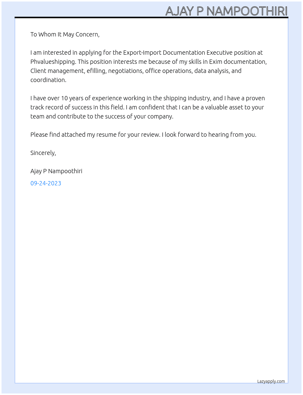Export-Import Documentation Executive At Phvalueshipping Cover Letter