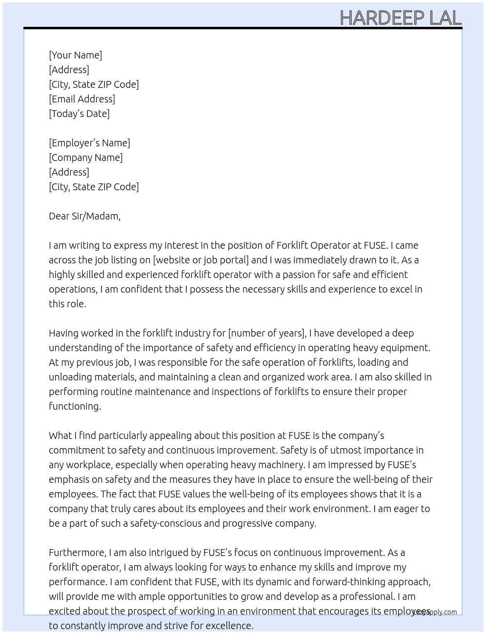FORKLIFT OPERATOR At FUSE Cover Letter