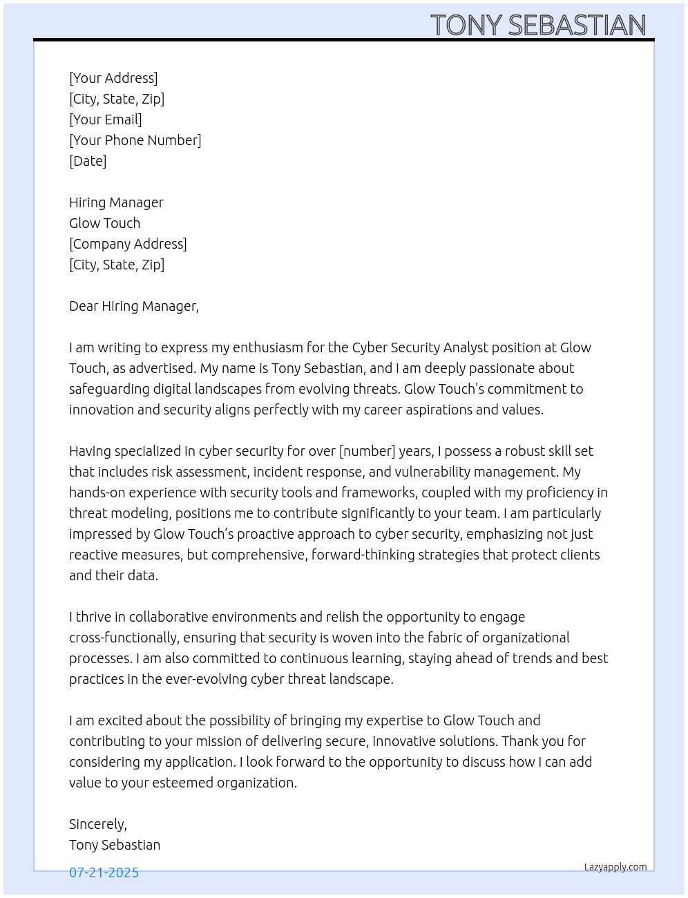 Cyber Security Analyst  At Glow Touch Cover Letter