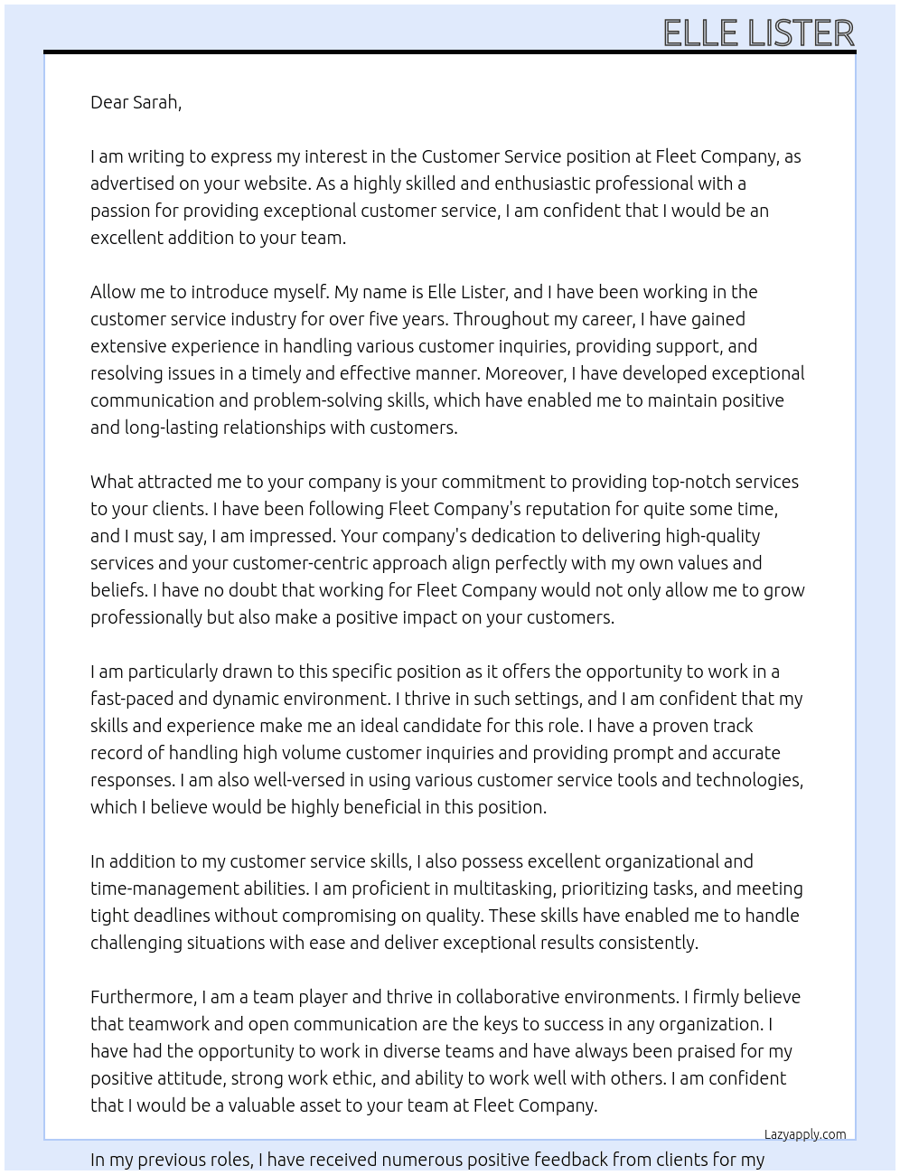 Customer service at fleet company  At Fleet company  Cover Letter