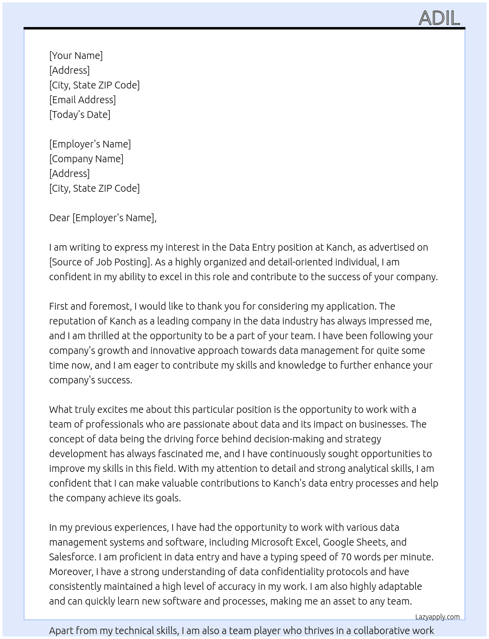 Data Entry  At Kanch  Cover Letter
