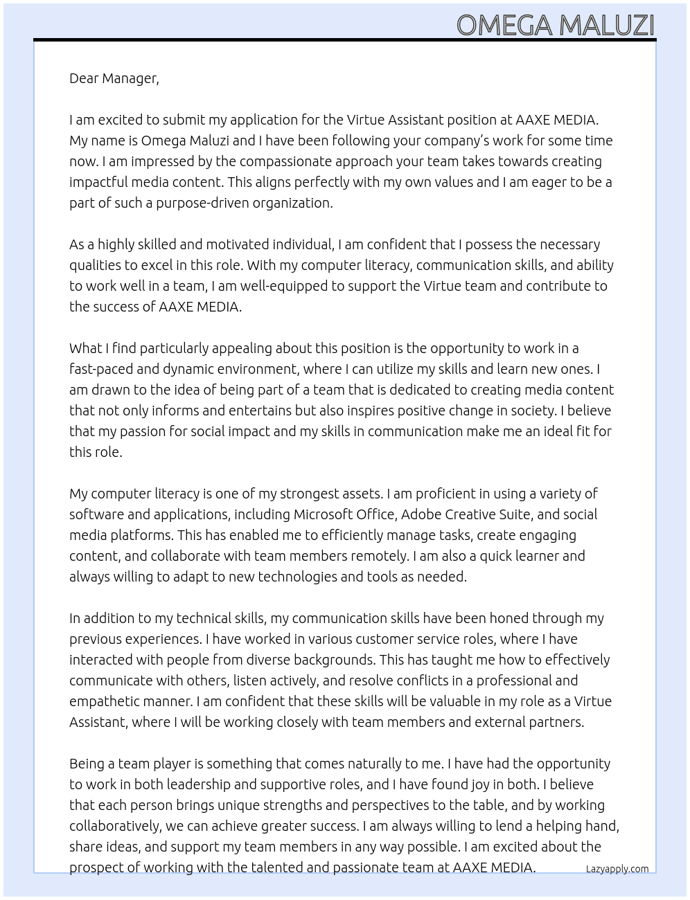  Virtue assistant  At AAXE MEDIA Cover Letter