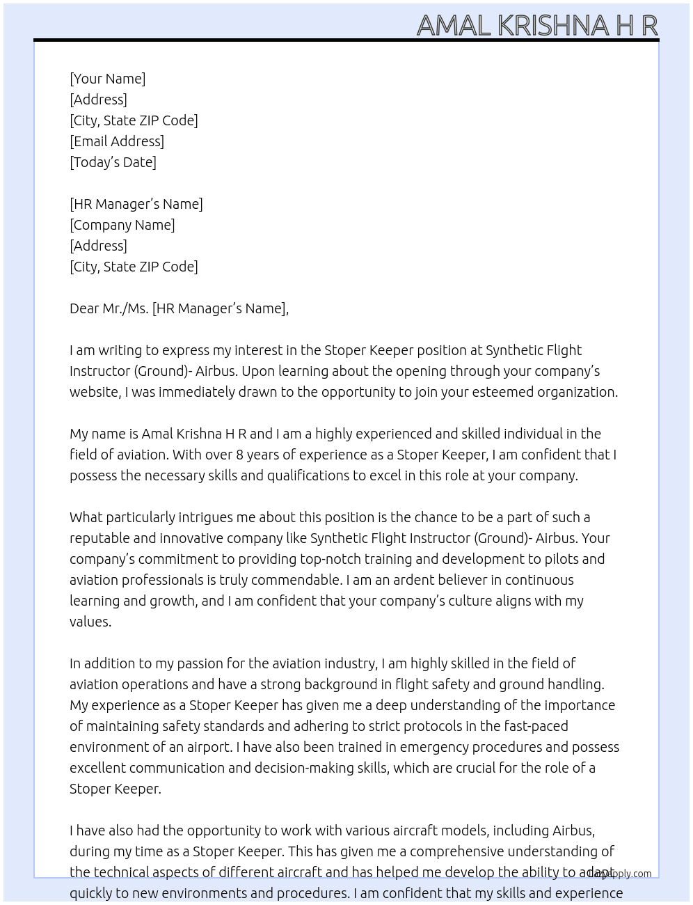 STOPER KEEPER At Synthetic Flight Instructor (Ground)- Airbus Cover Letter