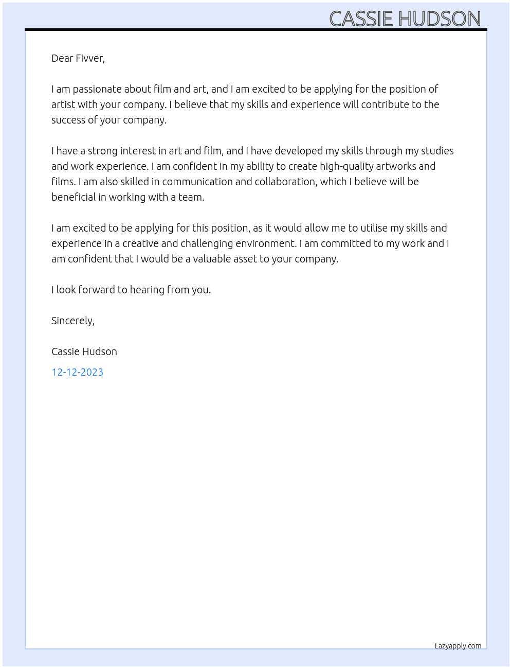 Artist , film  At Freelance artist  Cover Letter