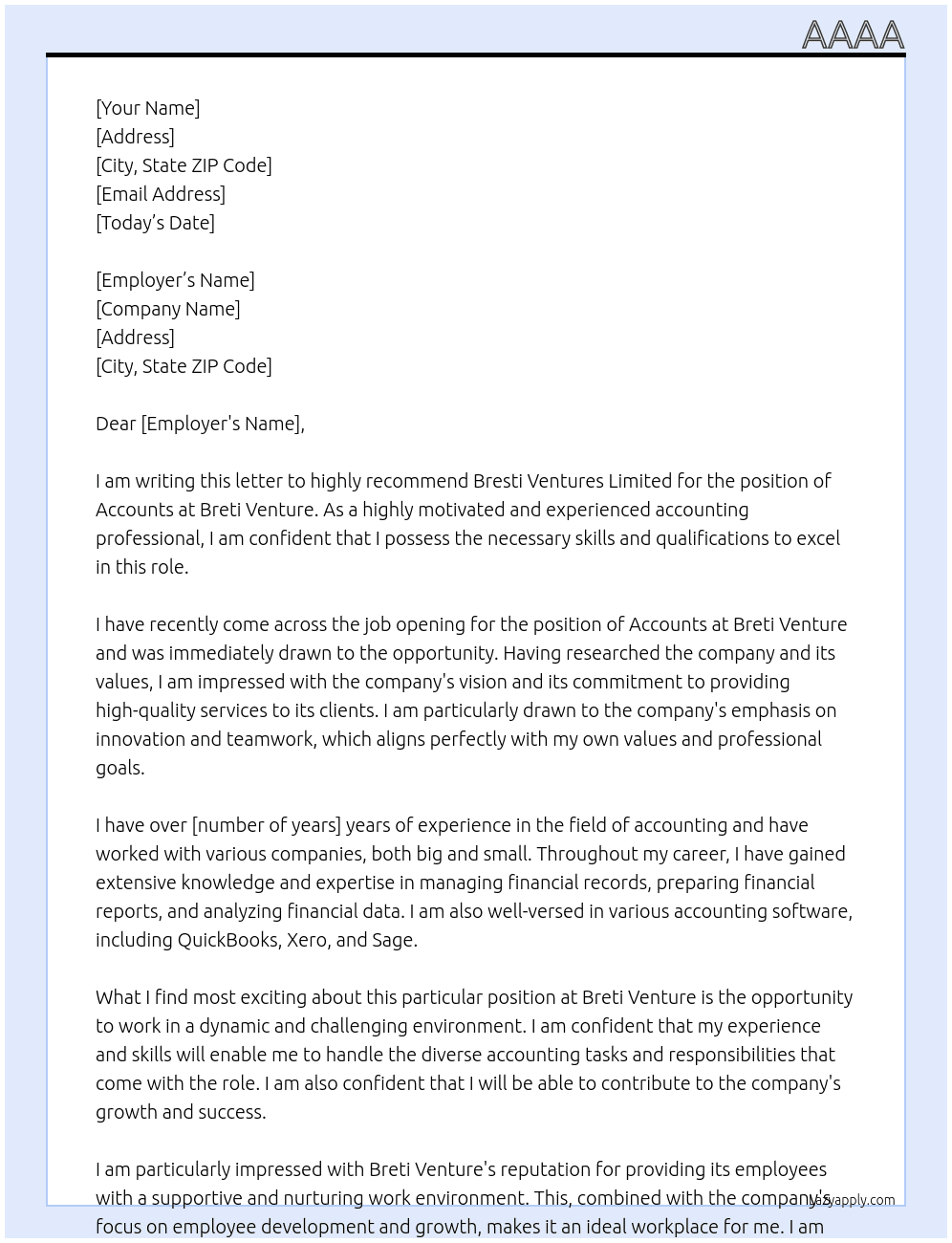 accounts At breti venture Cover Letter