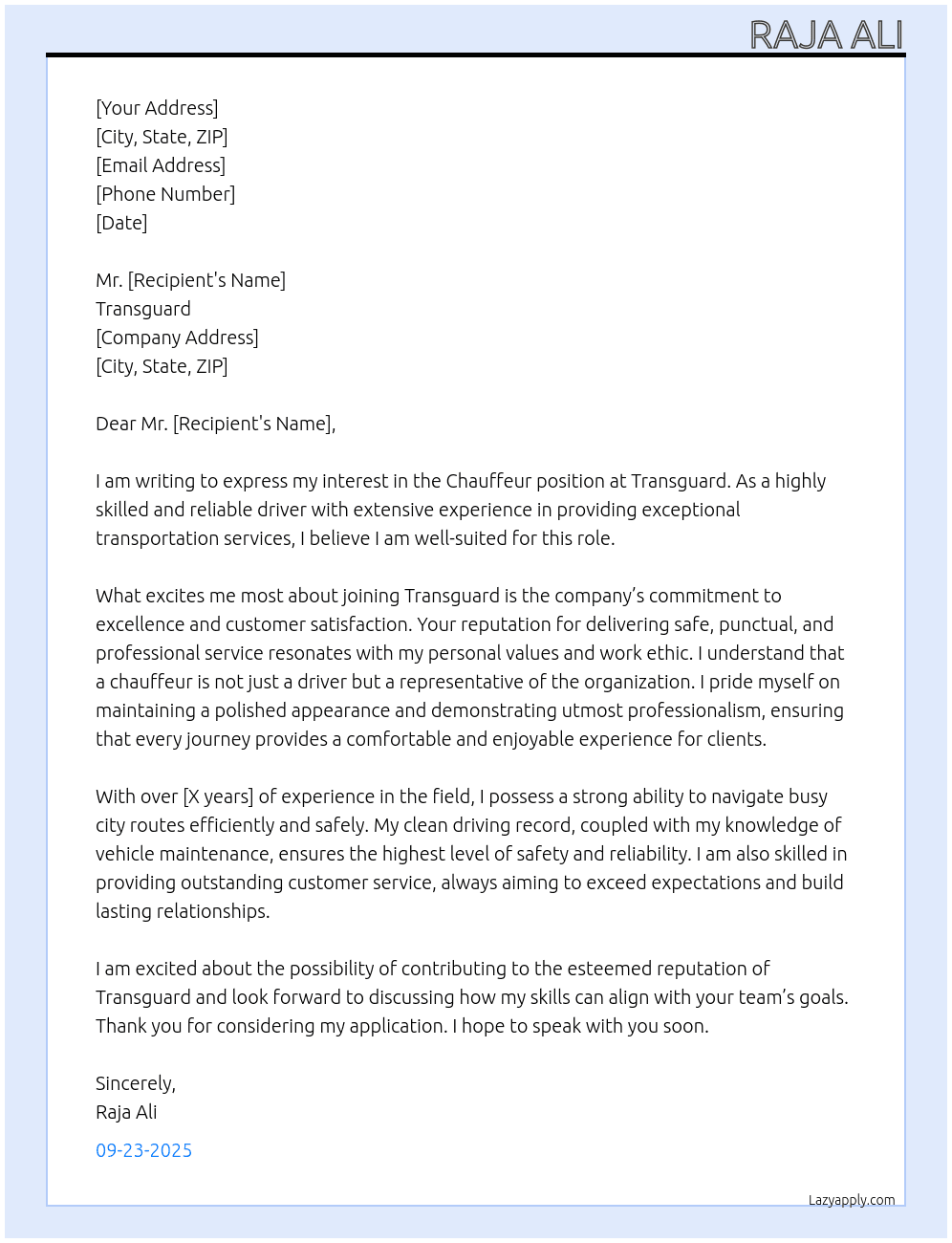 Chauffeur  At Transguard  Cover Letter