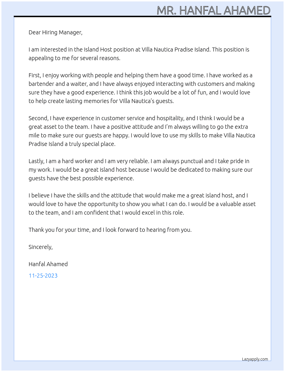 Island Host At Villa Nautica Pradise Island Cover Letter