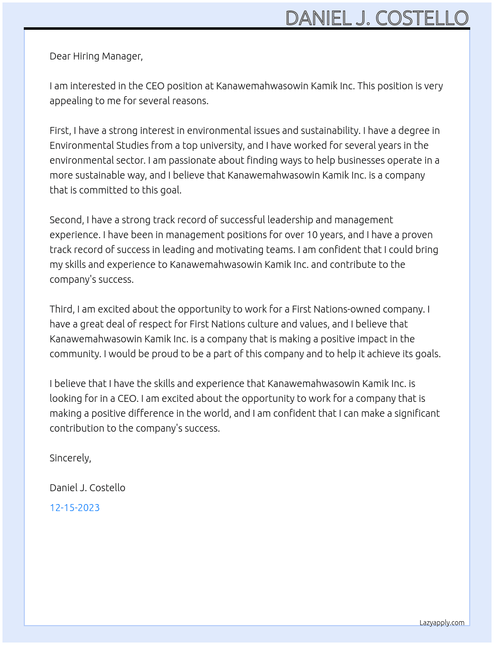 CEO At Kanawemahwasowin Kamik Inc. Cover Letter