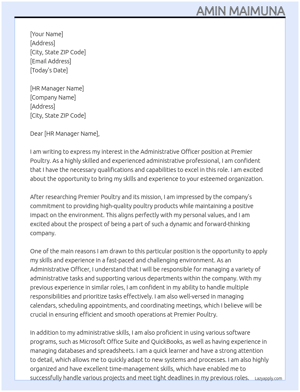 Administrative Officer  At Premier Poultry  Cover Letter