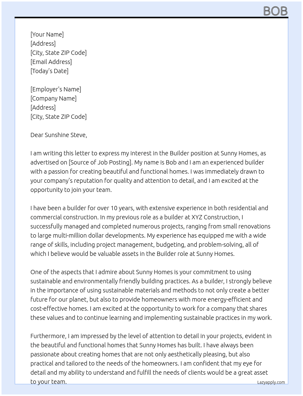 Builder At Sunny Homes Cover Letter