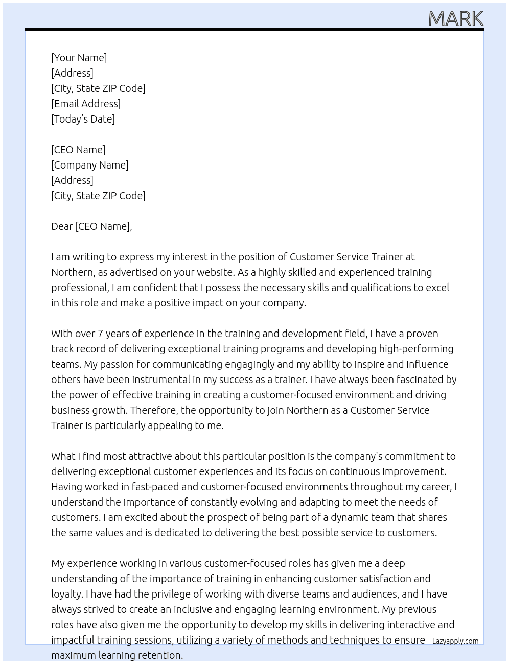 Customer Service Trainer At Northern Cover Letter