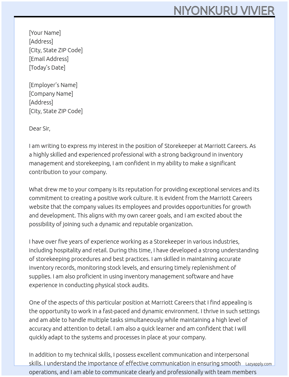 STOREKEEPER At Marriott Careers Cover Letter