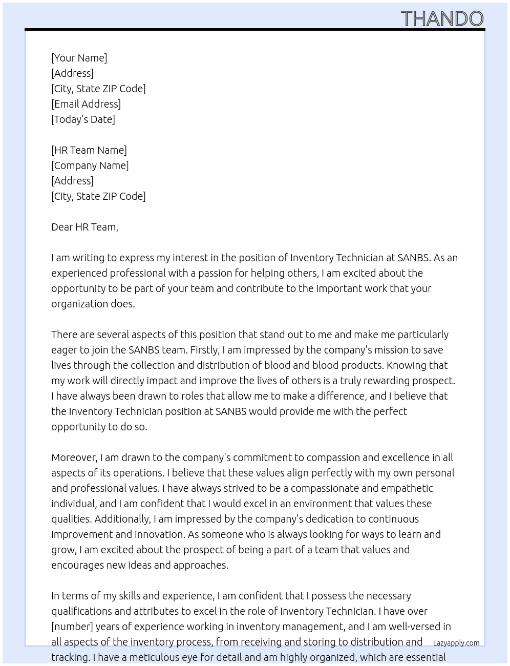INVENTORY TECHNICIAN At SANBS Cover Letter