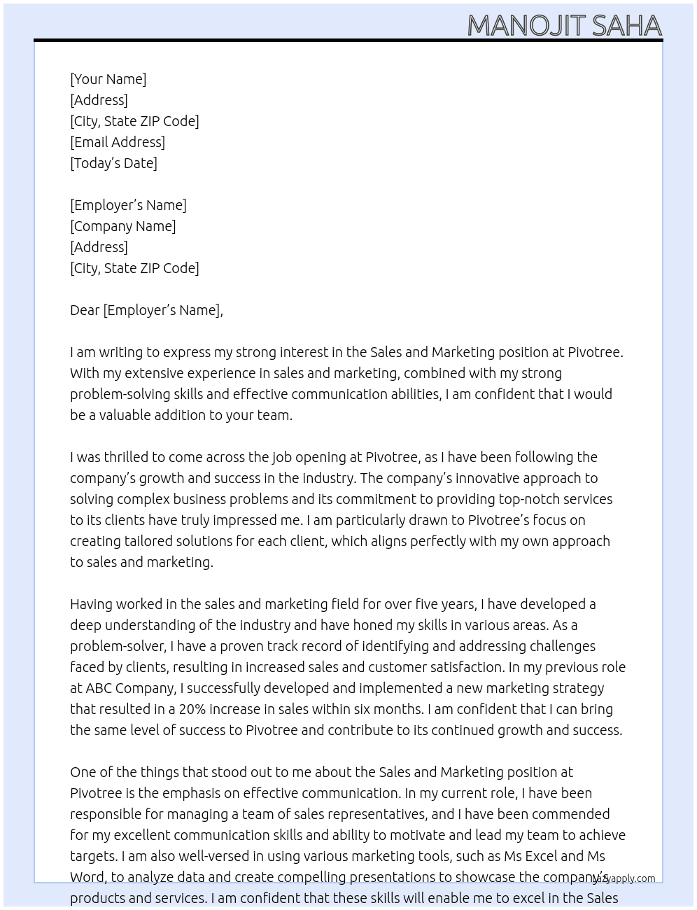 Sales and Marketing  At Pivotree  Cover Letter
