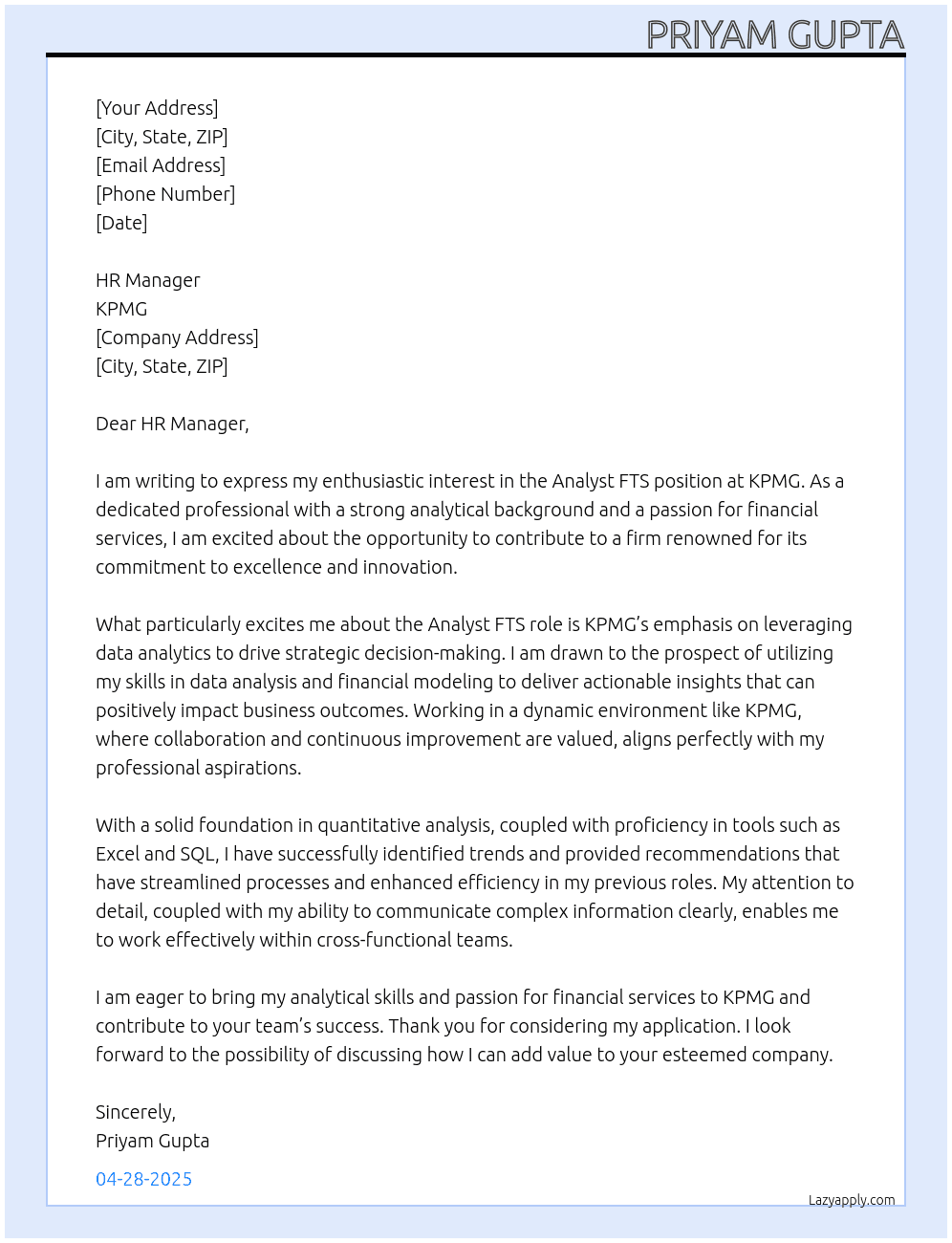 Cover letter for analyst fts - LazyApply