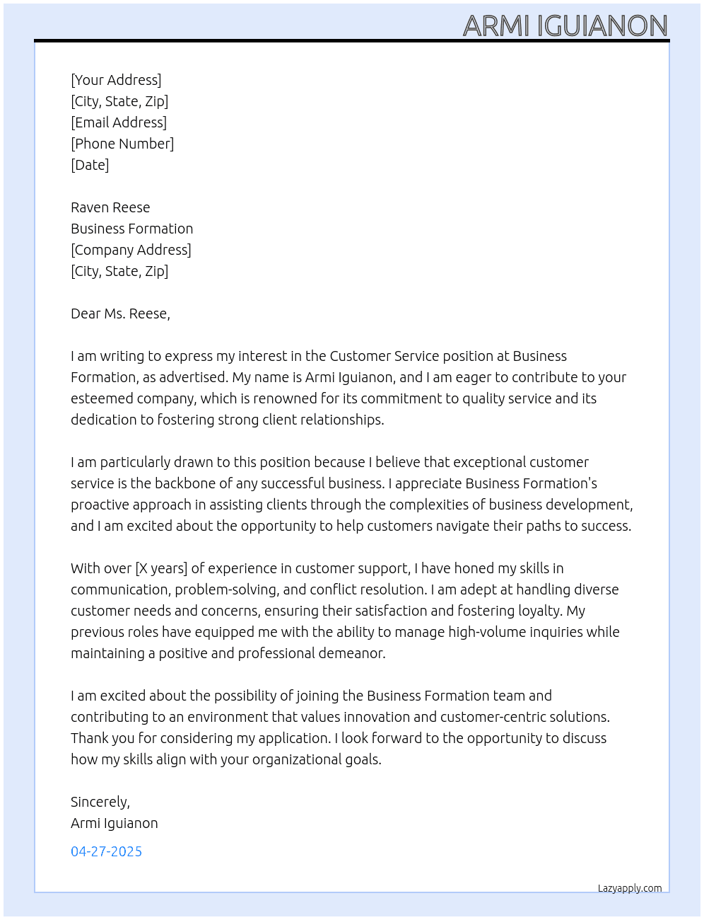 Customer Service At Business Formation Cover Letter