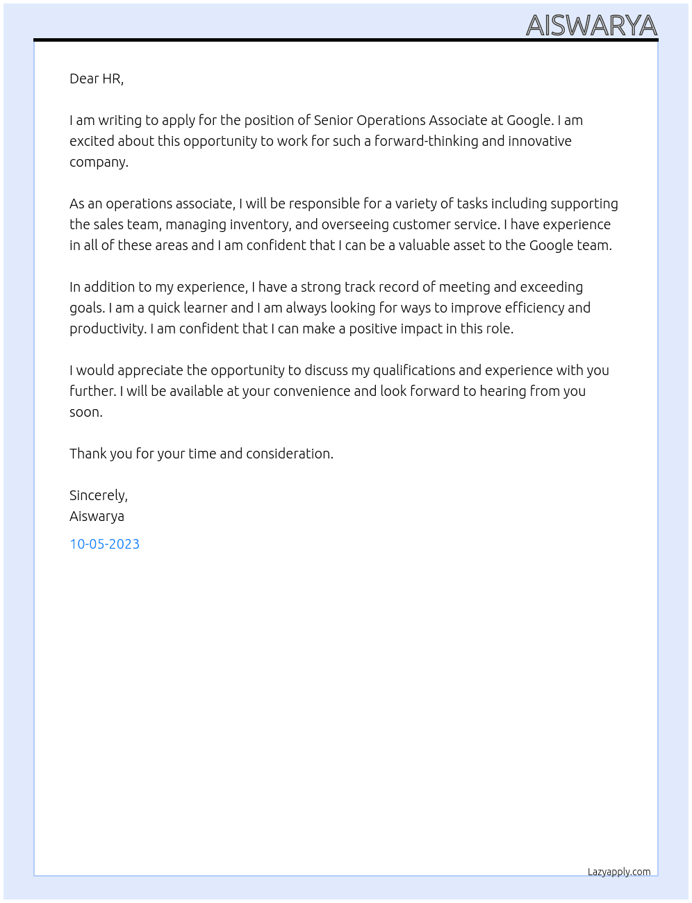 Cover letter for senior operation associate - LazyApply