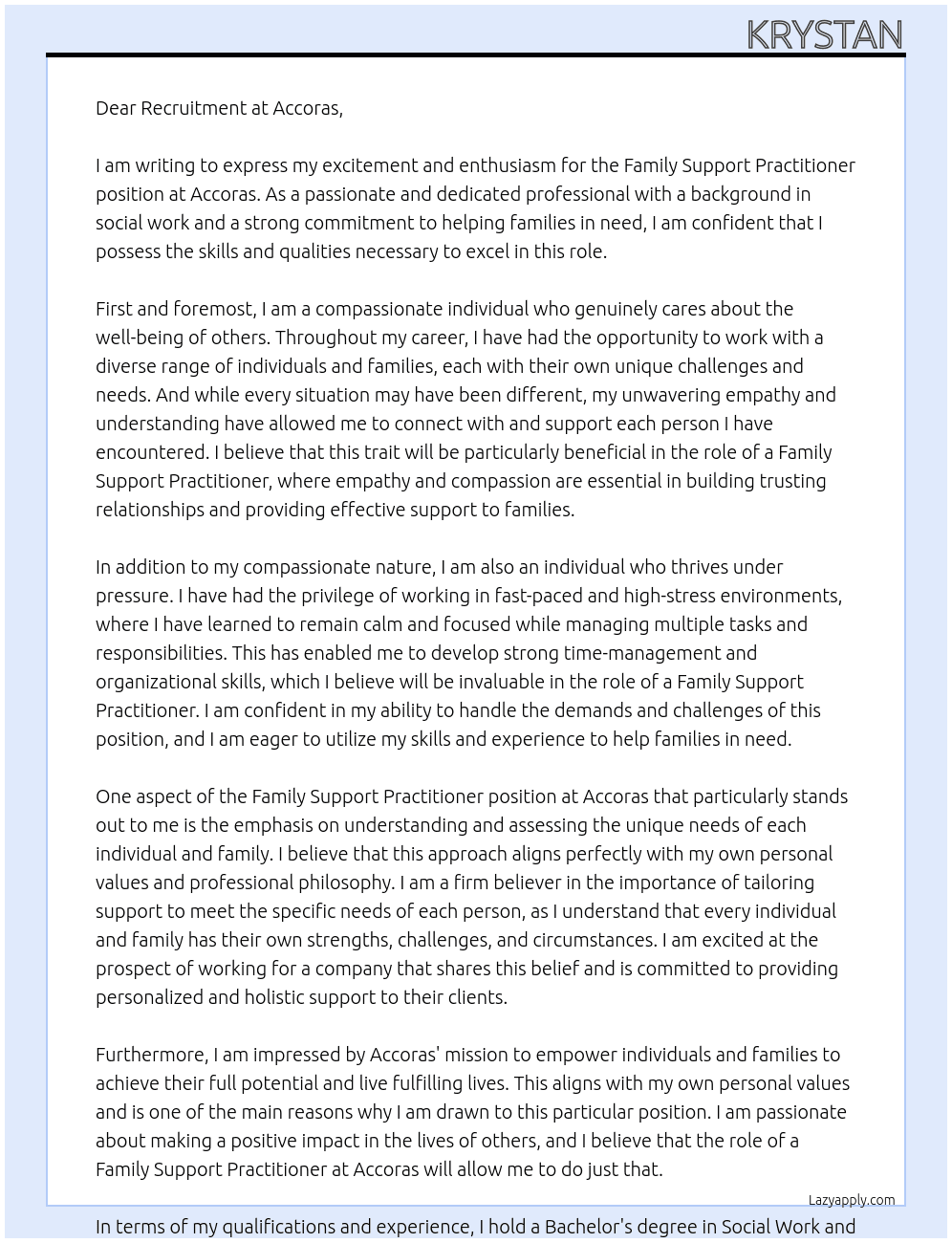 Family Support Practitioner At Accoras Cover Letter