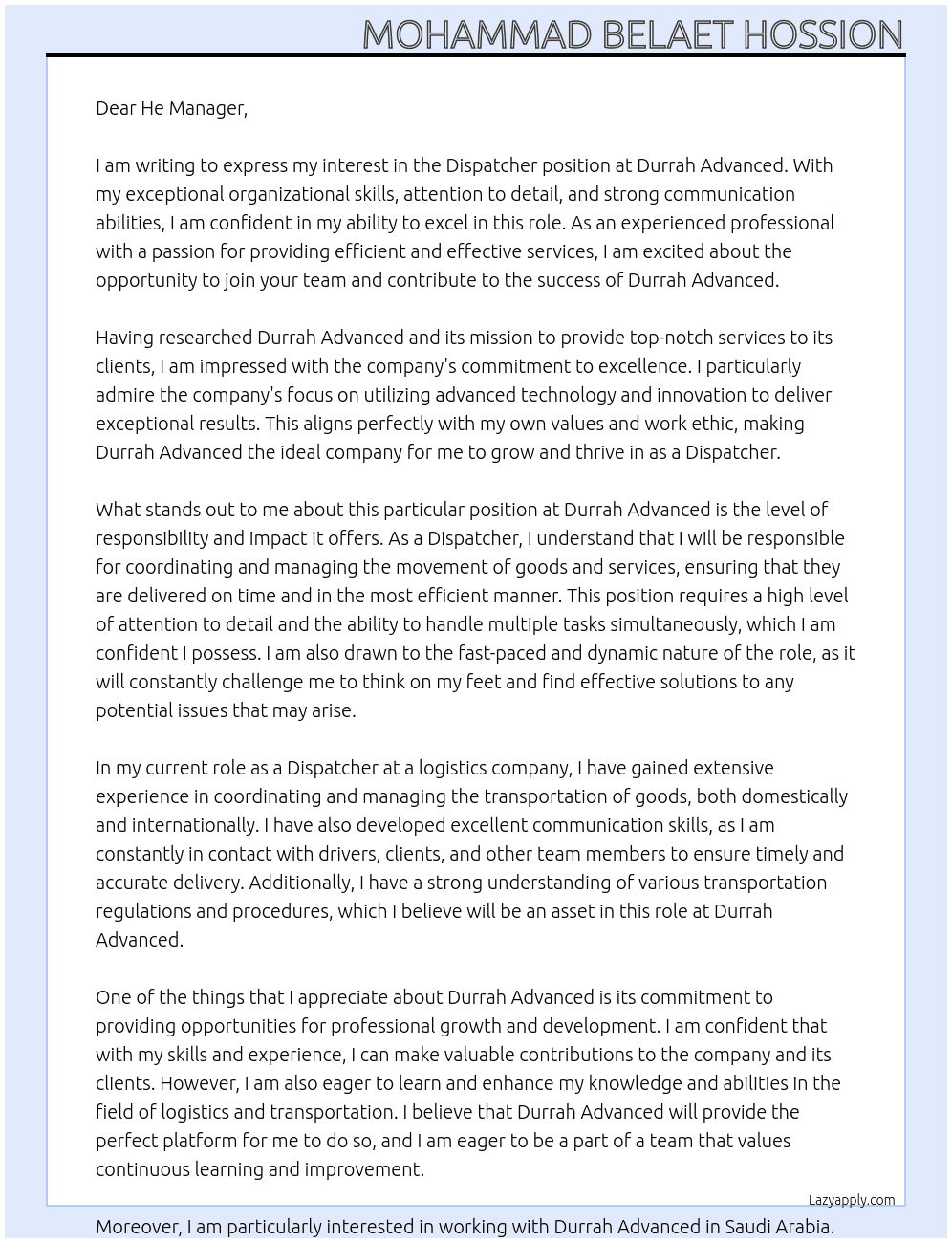 Dispatcher At Durrah Advanced  Cover Letter